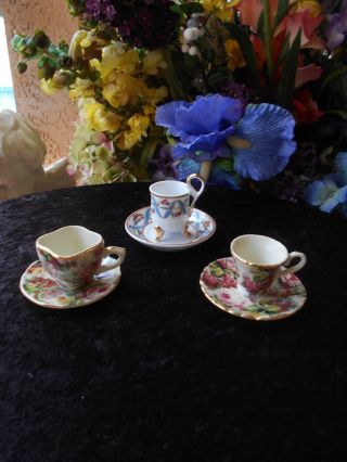 3 Porcelain Miniature Tea Cups And Saucers 1 Venezia Footed 2 Chinz Flowers photo