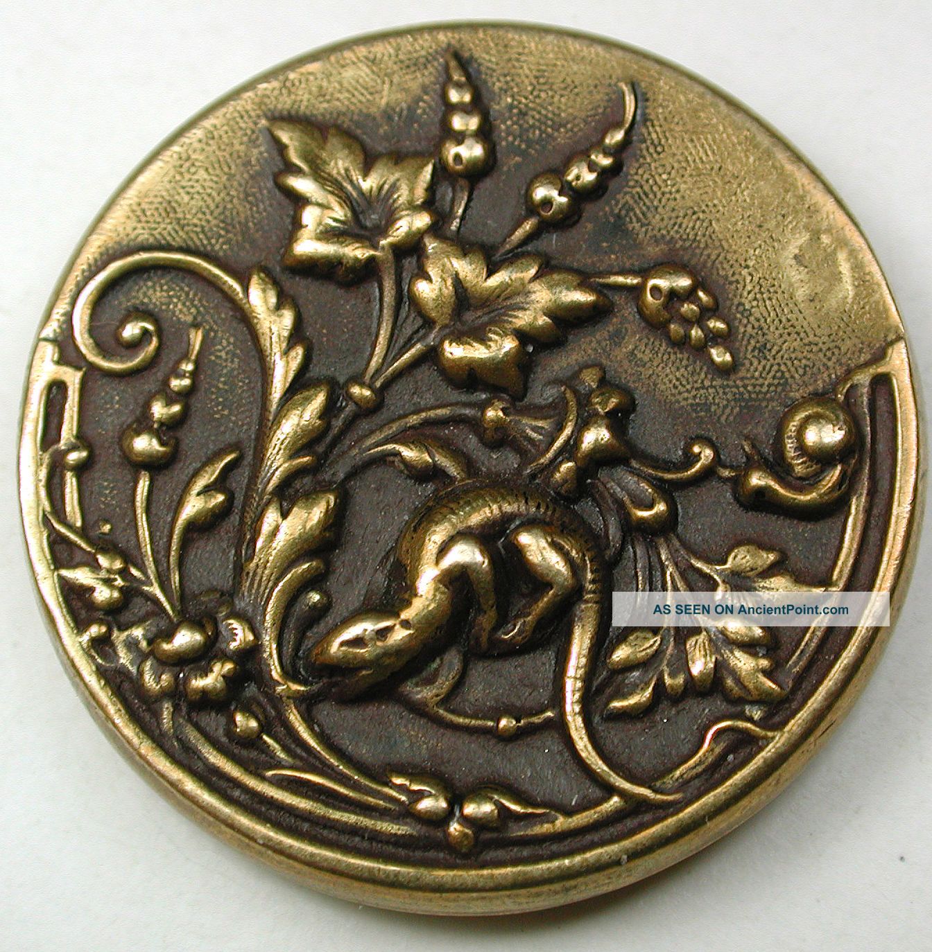 Antique Brass Button Lizard & Snail W Flowers 1 & 1/16 