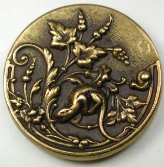 Antique Brass Button Lizard & Snail W Flowers 1 & 1/16 