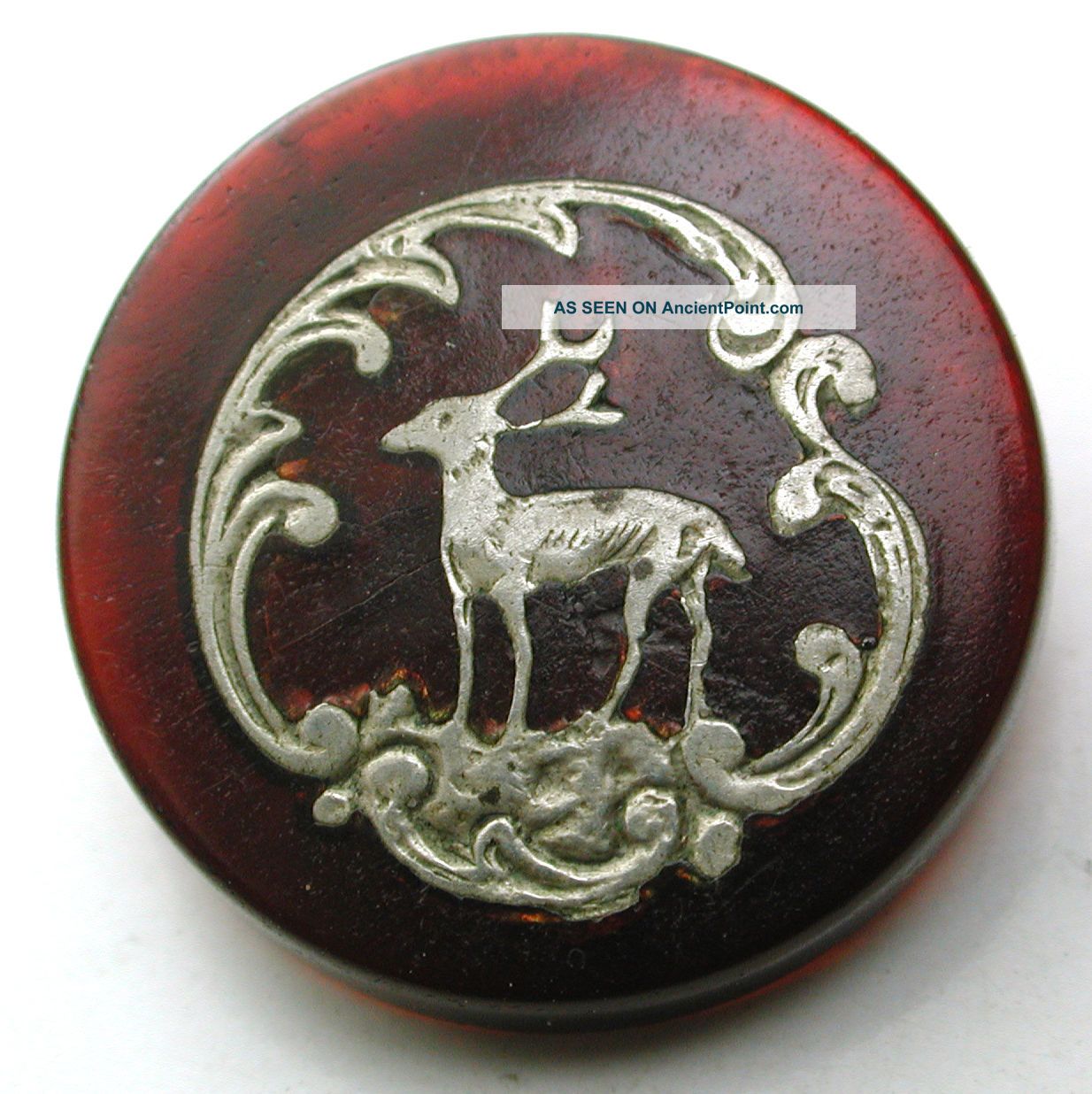 Antique Red Horn Button W/ Silver Deer Pictorial Inlay - 11/16 