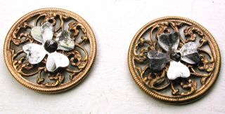 2 Antique Pierced Brass Filigree Buttons W/ Cut Steel 4 Leaf Clover - 9/16 