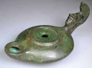 Roman Bronze Oil Lamp God ' S Head Shaped Handle photo
