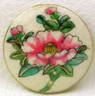 Vintage Satsuma Button Colorful Pink Flower W/ Gold Accents 1 & 3/16 