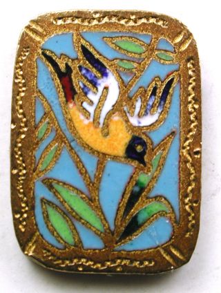 Antique Enamel Button Colorful Bird On Rectangle Shape - 5/8 