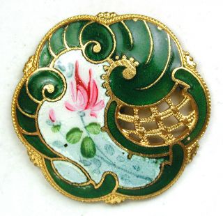 Antique French Enamel Button Fancy Pierced Design W/ Hand Painted Rose - 7/8 