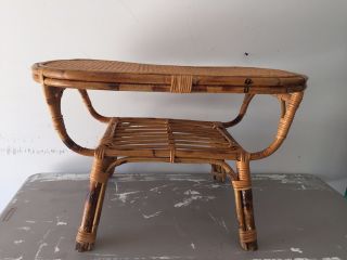 Mid Century Rattan Bamboo Cane Laced Top Table Nightstand Coffee Table End Table photo