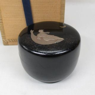 H916: Japanese Lacquer Ware Powdered Tea Container With Very Rare Design W/box photo