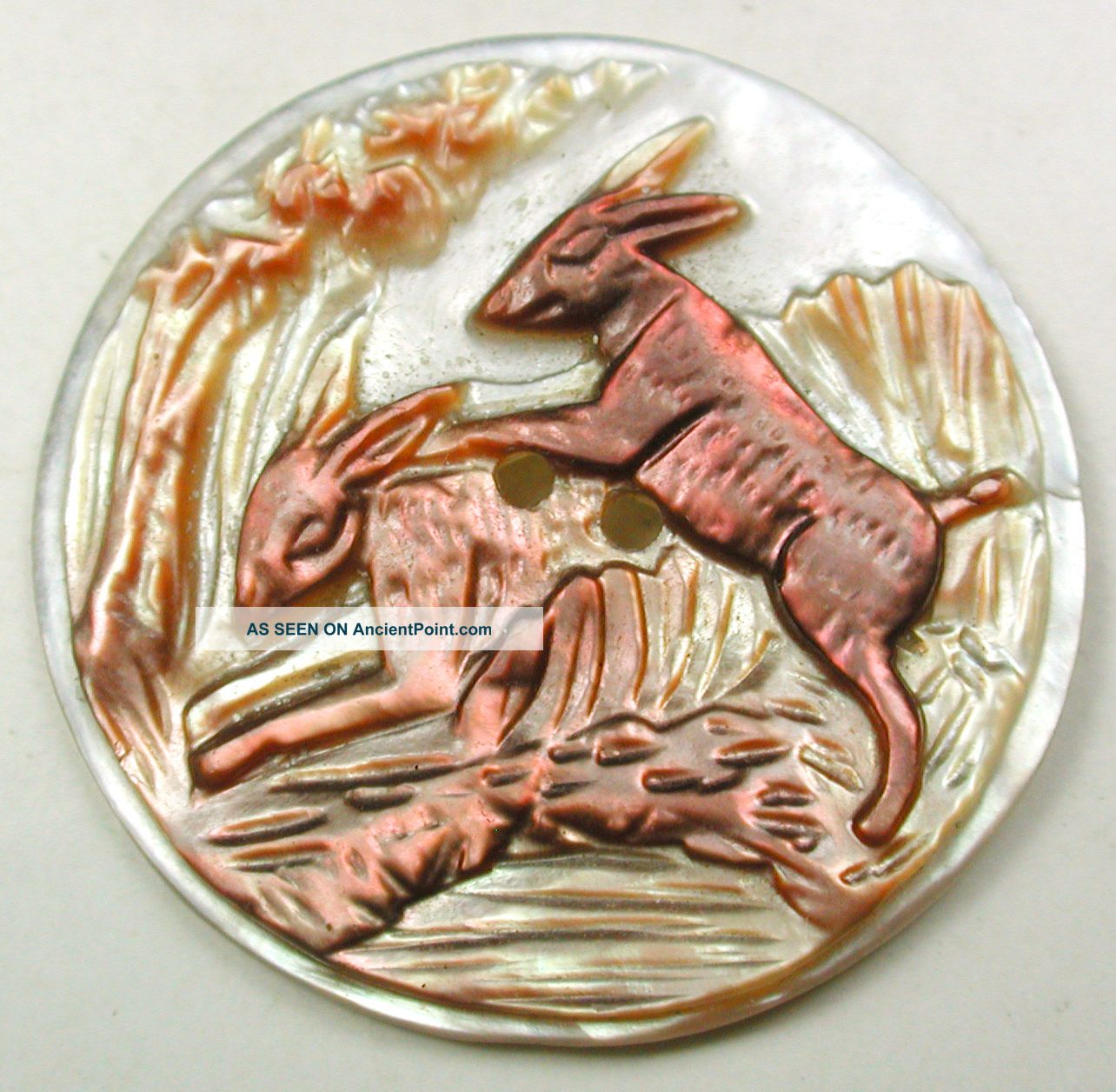 Antique Carved Shell Button 2 Frolicking Rabbits Pictorial - 1 