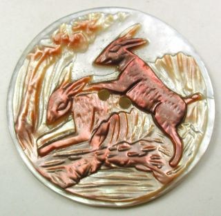 Antique Carved Shell Button 2 Frolicking Rabbits Pictorial - 1 