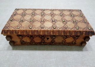 Vintage Wooden Box Carved Antique Cigarette Case Tabacco Box Studded Chest Euc photo