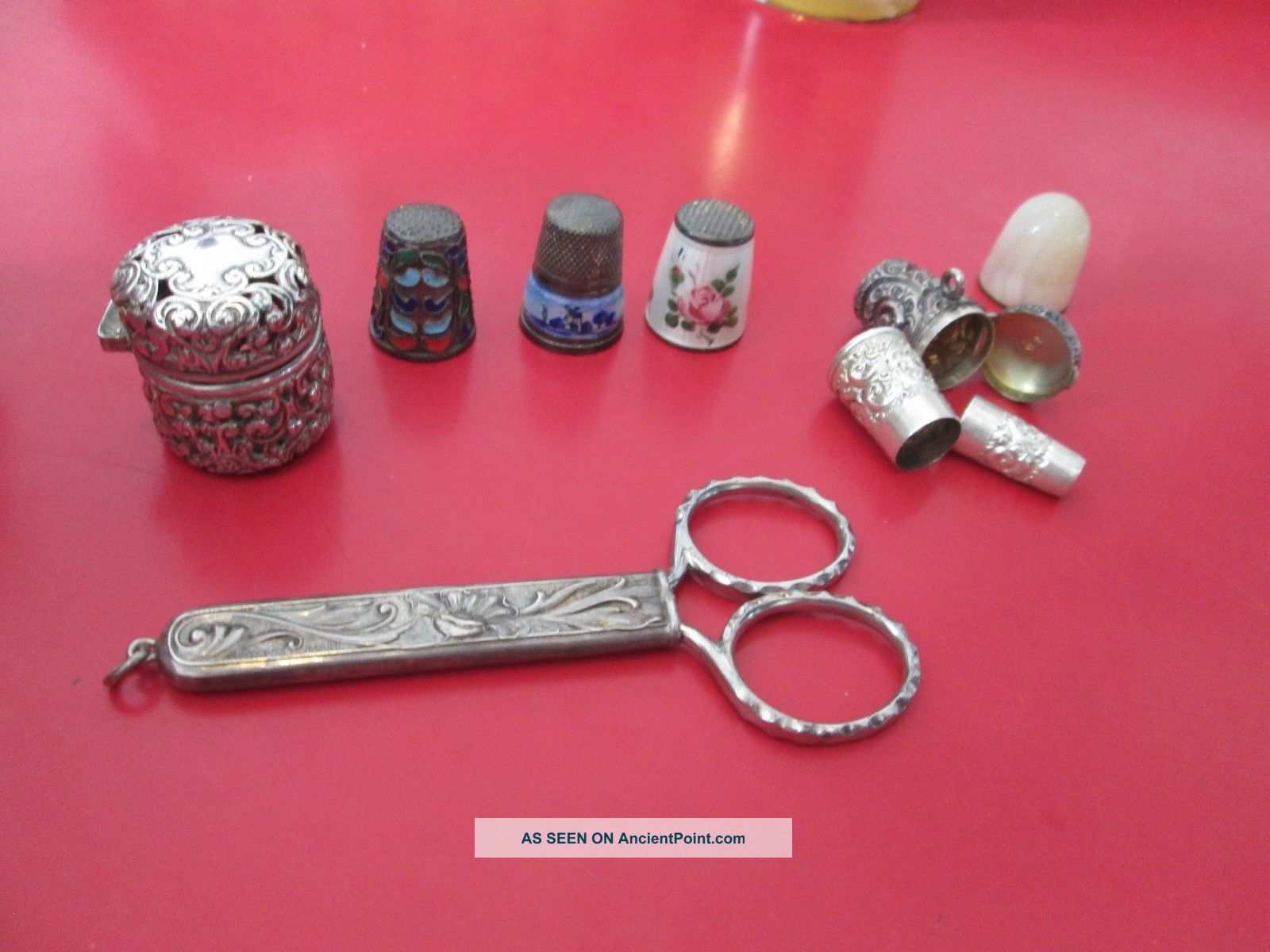 Group 10 Antique Sewing Items - 9 Are Sterling Silver - Unger Bros Thimble Case Thimbles photo