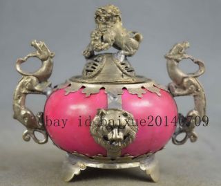 Collectible Handwork Old Miao Silver Carving Might Lion & Lizard Incense Burners photo