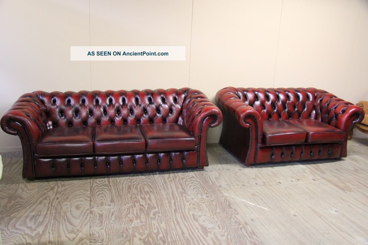 Antique English Three Seat Chesterfield Leather Sofa And Loveseat In Oxblood Col Other Antique Furniture photo