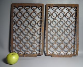 Pair Antique Cast Iron Heating Grates Vents Registers W/geometric Circle Pattern photo