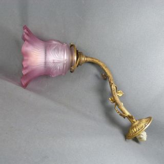 Antique French Art Nouveau Bronze And Frosted Pink Glass Wall Light Sconce Ivy photo