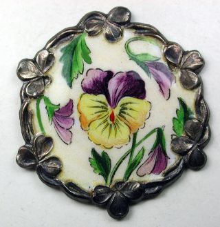 Antique Sterling Silver Button Hand Paint Pansy Flowers & Clover Border 1 