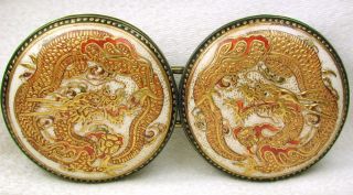 Antique Meiji Era Satsuma Buckle 2 Detailed Golden Dragons 2 & 3/16 
