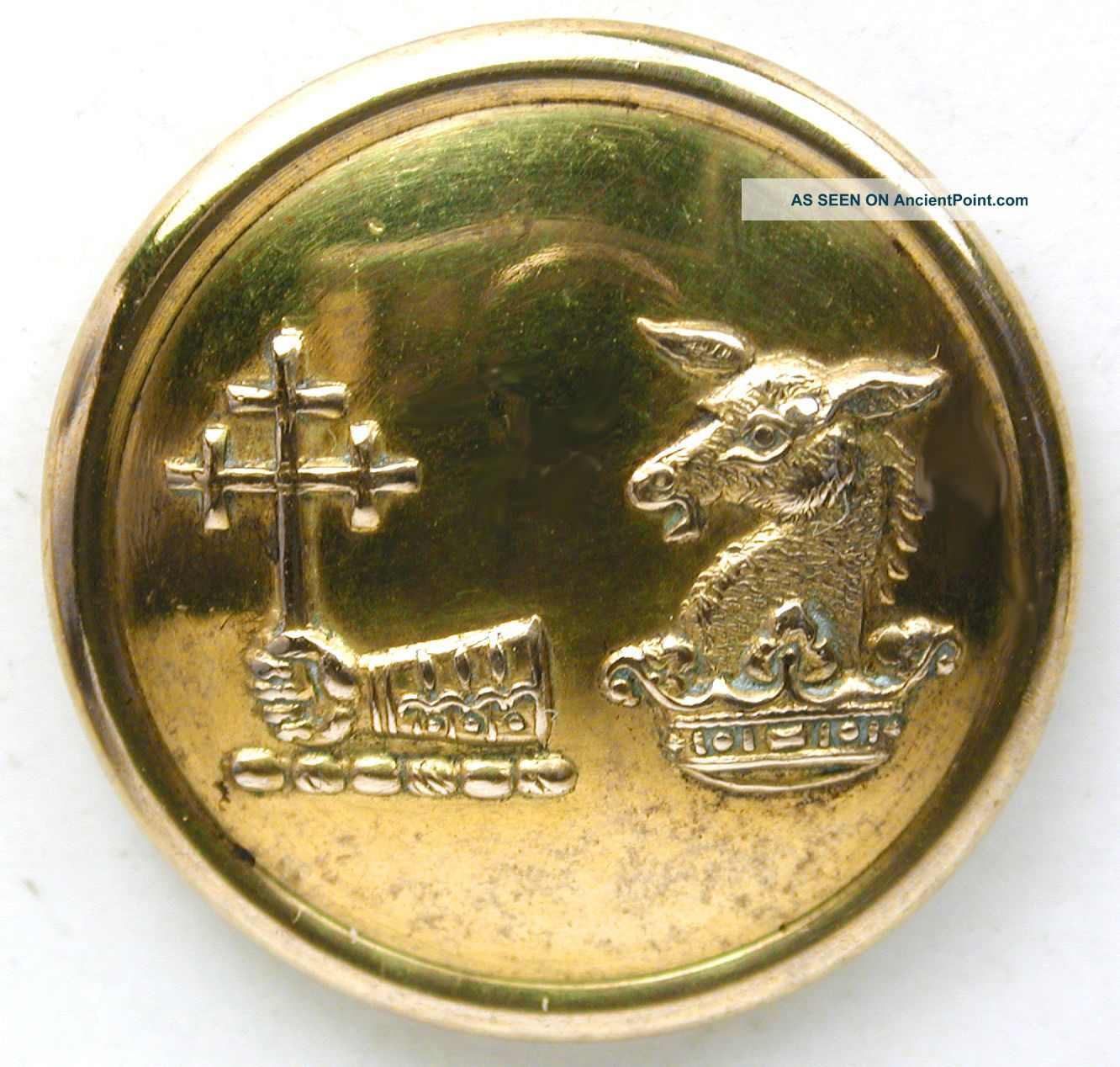 Antique Brass Livery Button - Dual Crest - Arm Holds Cross - Alpaca In Crown Buttons photo