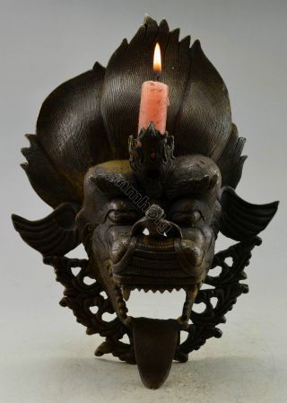 Collectible Decorated Old Handwork Copper Carved Hanging Dragon Big Candle Stick photo