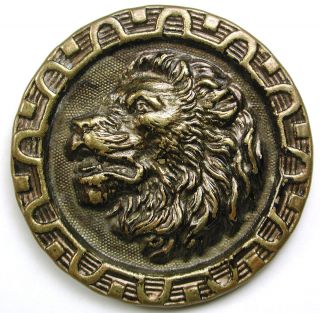 Antique Brass Button Lg Sz Majestic Lion Head Design - 1 & 7/16 