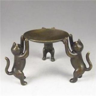 Ancient Asian Chinese Old Bronze Handmade Cats Plate Statue Oil Lamp Candlestick photo