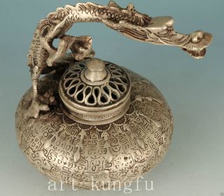 Noble Chinese Old Copper Plate Silver Hand Carved Dragon Statue Incense Burner photo