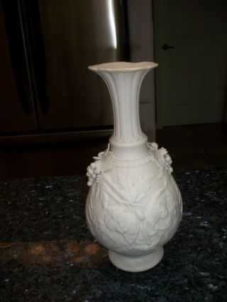 Antique Tall White Parian Vase - Sprigged On Grape Clusters photo