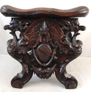 Antique English Figural Carved Wood Winged Griffin Mythological Gothic Old Stool photo
