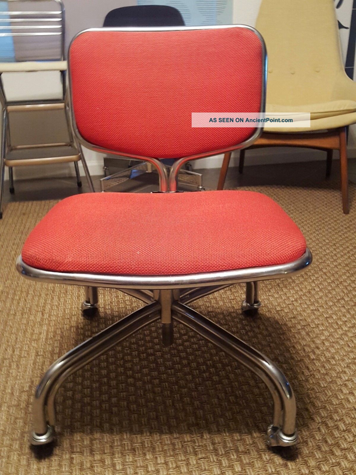 Vtg Mcm Eames Global Canada Red Fabric Chrome Adj.  Height Rolling Swivel Chair Mid-Century Modernism photo