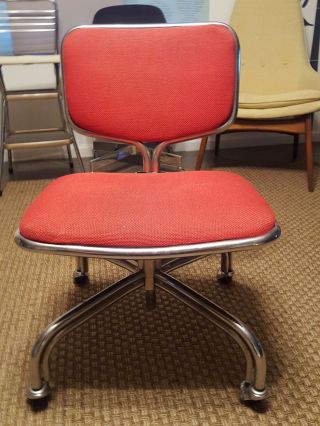 Vtg Mcm Eames Global Canada Red Fabric Chrome Adj.  Height Rolling Swivel Chair photo