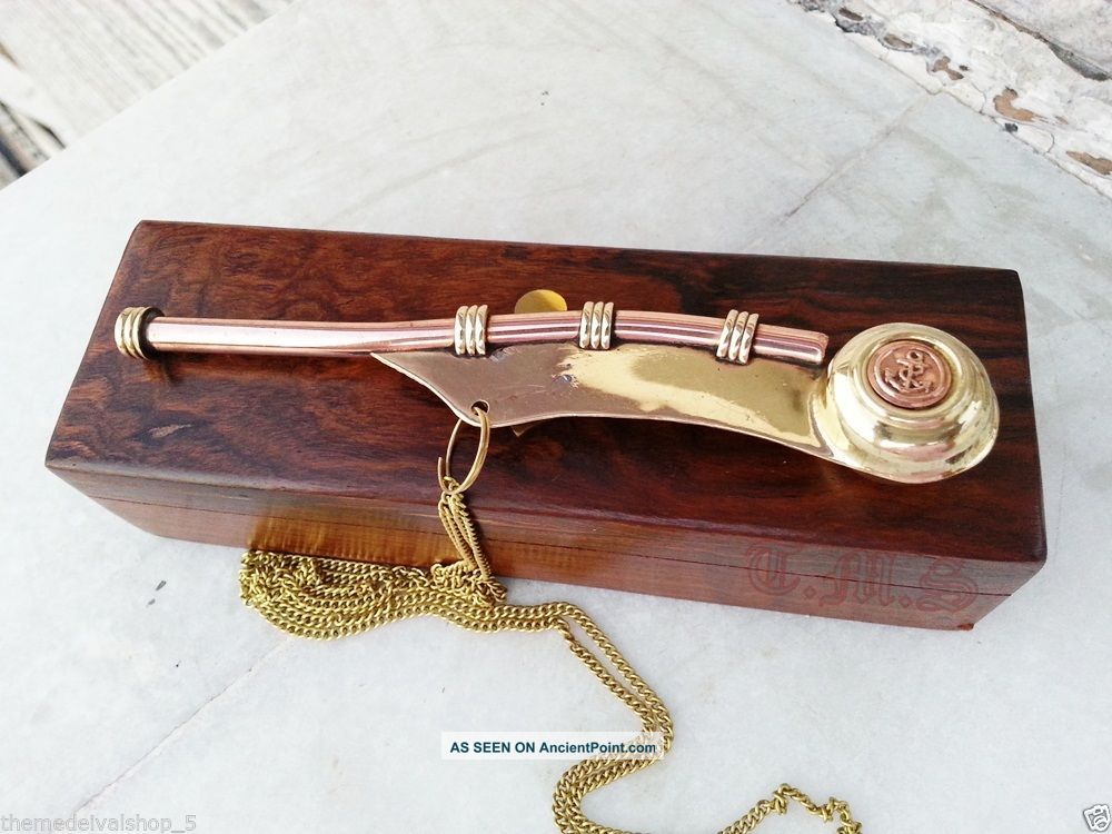 Copper Brass Boatswain Call Pipe Bosun Whistle W Chain Wooden Maritime Box Bells & Whistles photo