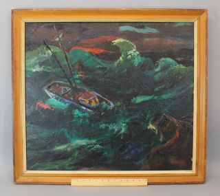 Antique Abram Tromka Storm Off Monkegan Sailboat Oil Painting York Wpa photo
