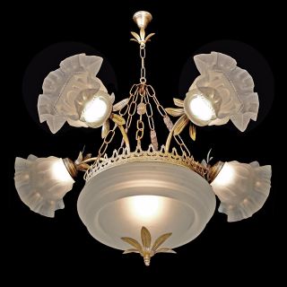 Vintage French Art - Nouveau/deco Molded Frosted Glass Shades 7 Light Chandelier photo