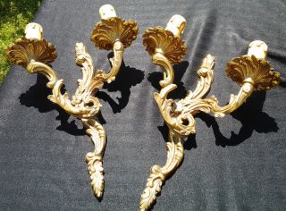 Vintage Ornate Gilt Solid Brass Wall Lights,  French photo