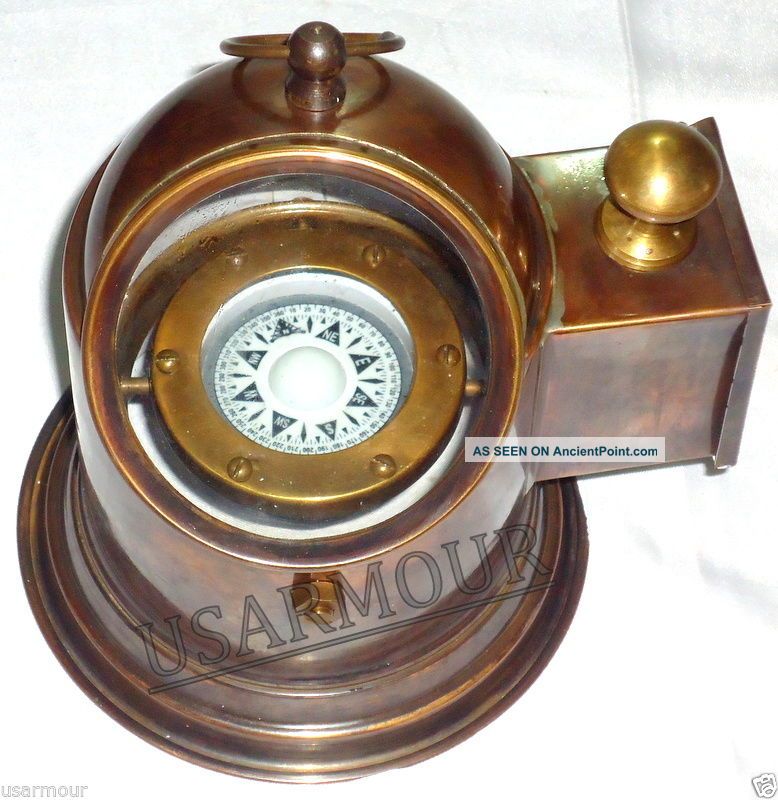 Antique - Brass Binnacle Compass / Nautical Boat Lamp / Oil Lamp - Telescopes photo