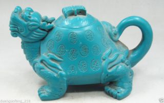 Decorated Chinese Old Turquoise Carve Dragon Turtle Longevity Lucky Big Tea Pot photo