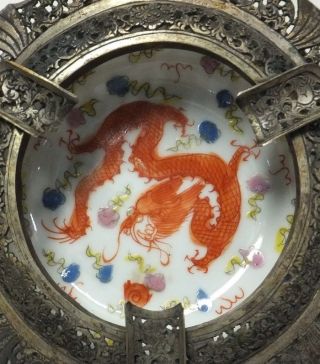A096: Chinese Painted Porcelain And Brass Ware Ashtray With Name Of An Era photo