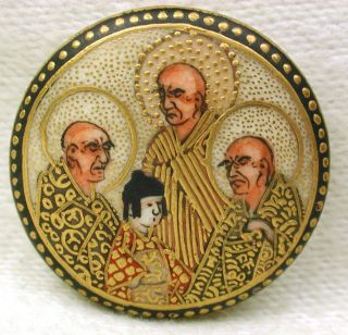 Antique Meiji Era Satsuma Button 3 Human Figures W Halos & Child - 7/8 