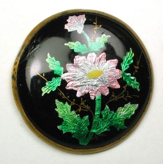Lg Sz Antique Domed Enamel Button Foil Under Surface Colorful Flowers 1 & 1/4 