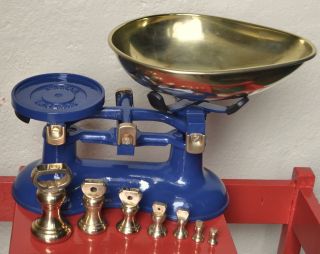 Vintage English Victor Indigo Blue Kitchen Scales & 7 Brass Bell Weights photo