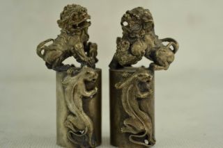 Collectibles Old Decorated Handwork White Copper Carving Kylin Pair Statue W photo