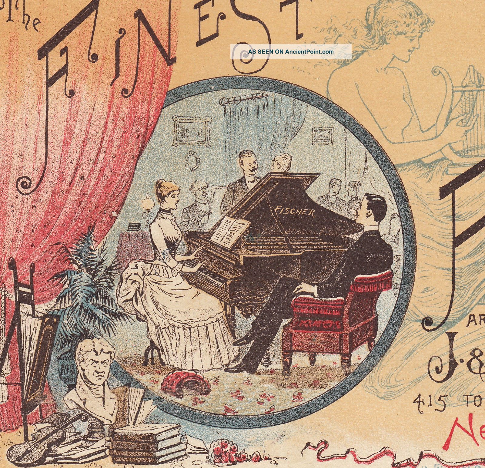 J C Fishcher Piano Co 1800 ' S Ny Victorian Advertising Trade Card At Club Concert Keyboard photo
