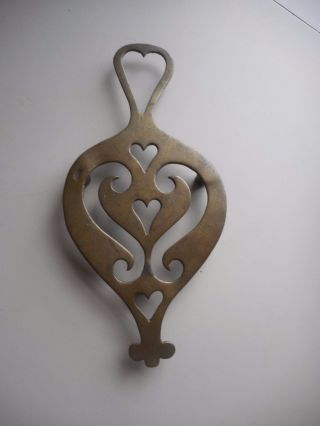Antique Brass Trivet With 5 Hearts Best Early Hearted Brass Trivet.  Aafa photo