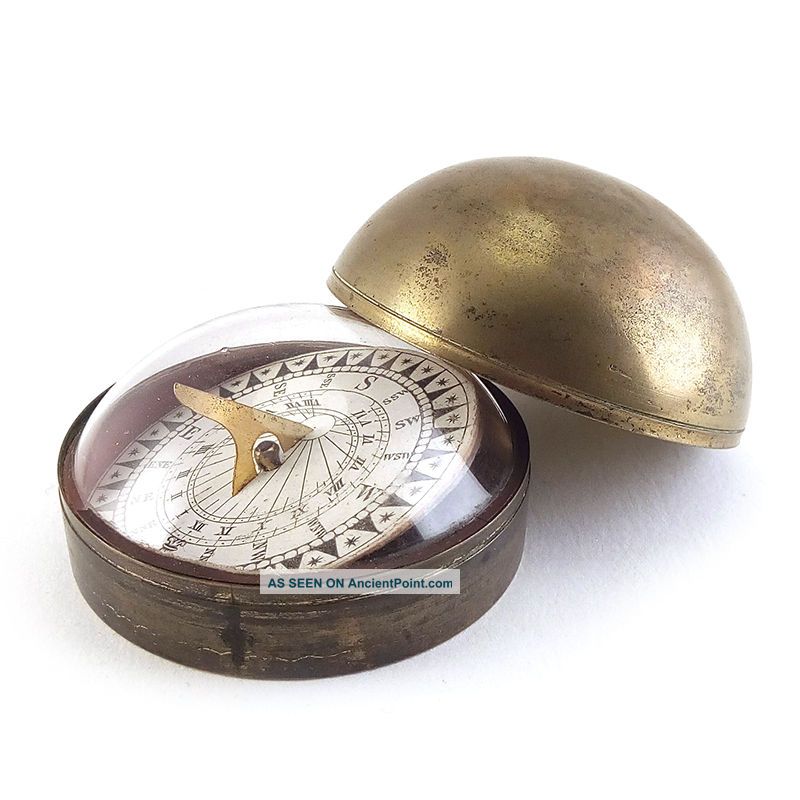 Antique Brass Cased Pocket Sundial Compass W/ Glass Dome & Jeweled Pivot,  19th C Compasses photo
