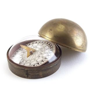 Antique Brass Cased Pocket Sundial Compass W/ Glass Dome & Jeweled Pivot,  19th C photo
