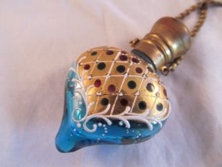 Antique Hand Painted Blue Glass Chatelaine Perfume Bottle W/stopper photo