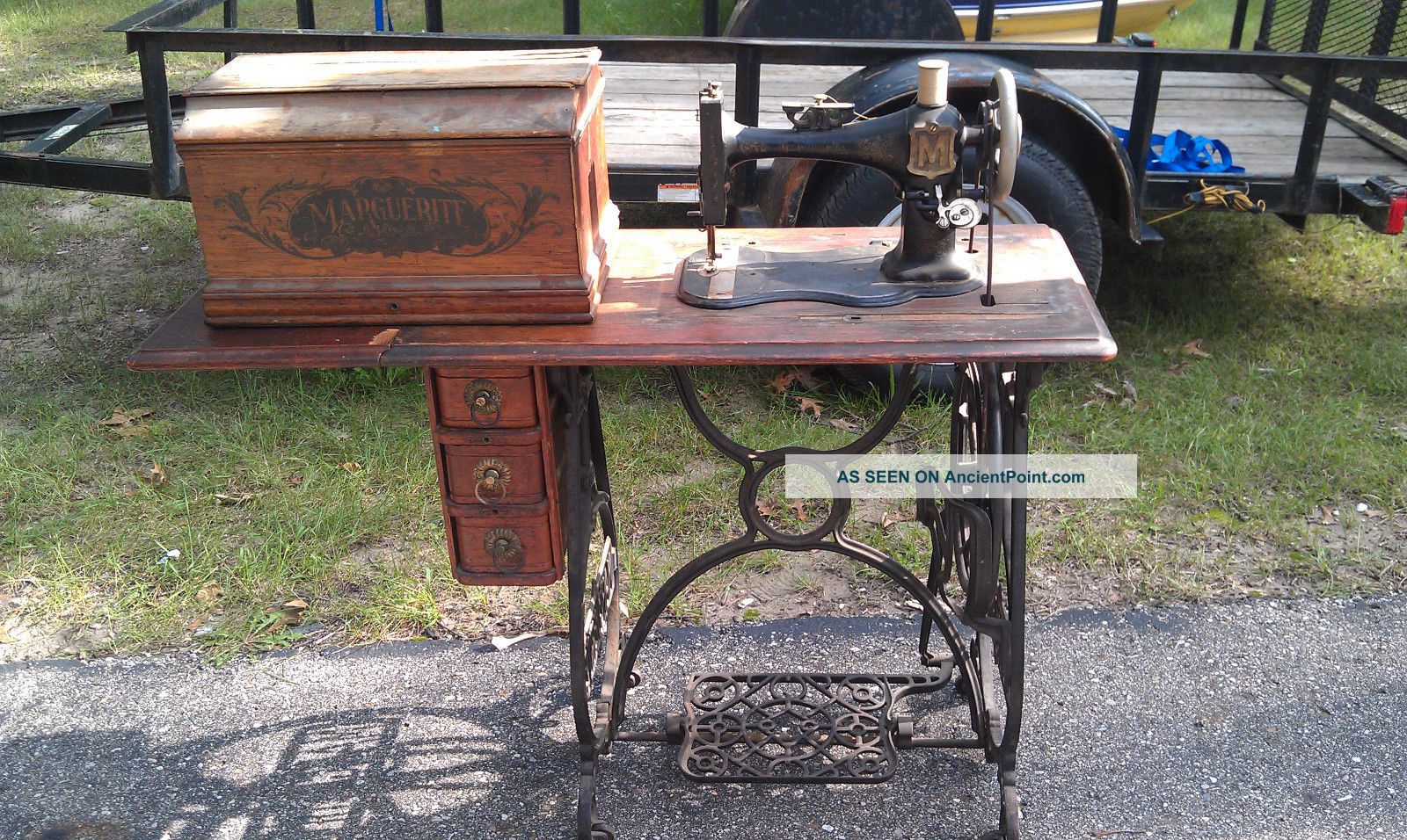 Rare Antique Marguerite Treadle Sewing Machine & Table Cabinet Rarest Machine Sewing Machines photo