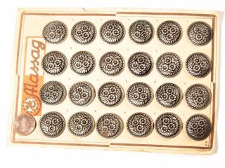 Card (24) 22mm Austrian Art Nouveau Vtg Massag Silver Tone Floral Metal Buttons photo