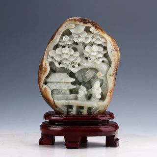 100 Natural Hetian Jade Hand Carved Old Man & Tree Statue D859 photo