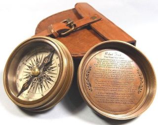 Vintage Style Brass Pocket Antique Compass W Leather Case Campaninig Hiking 01 photo